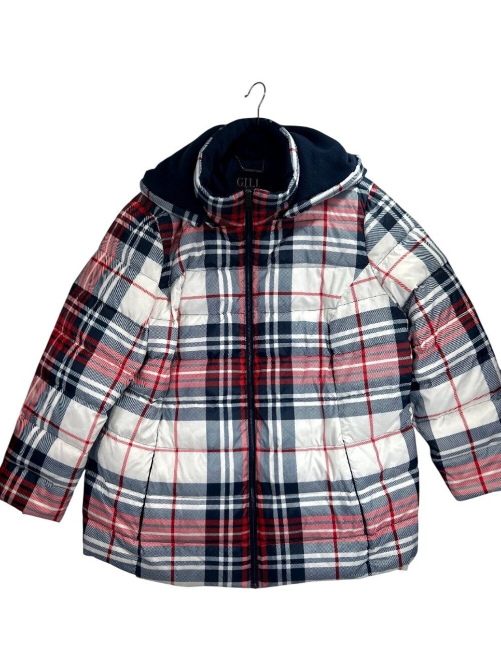 G.I.L.I Women's 2X Plaid Down Puffer Jacket Red Navy White Fleece Lined Hood